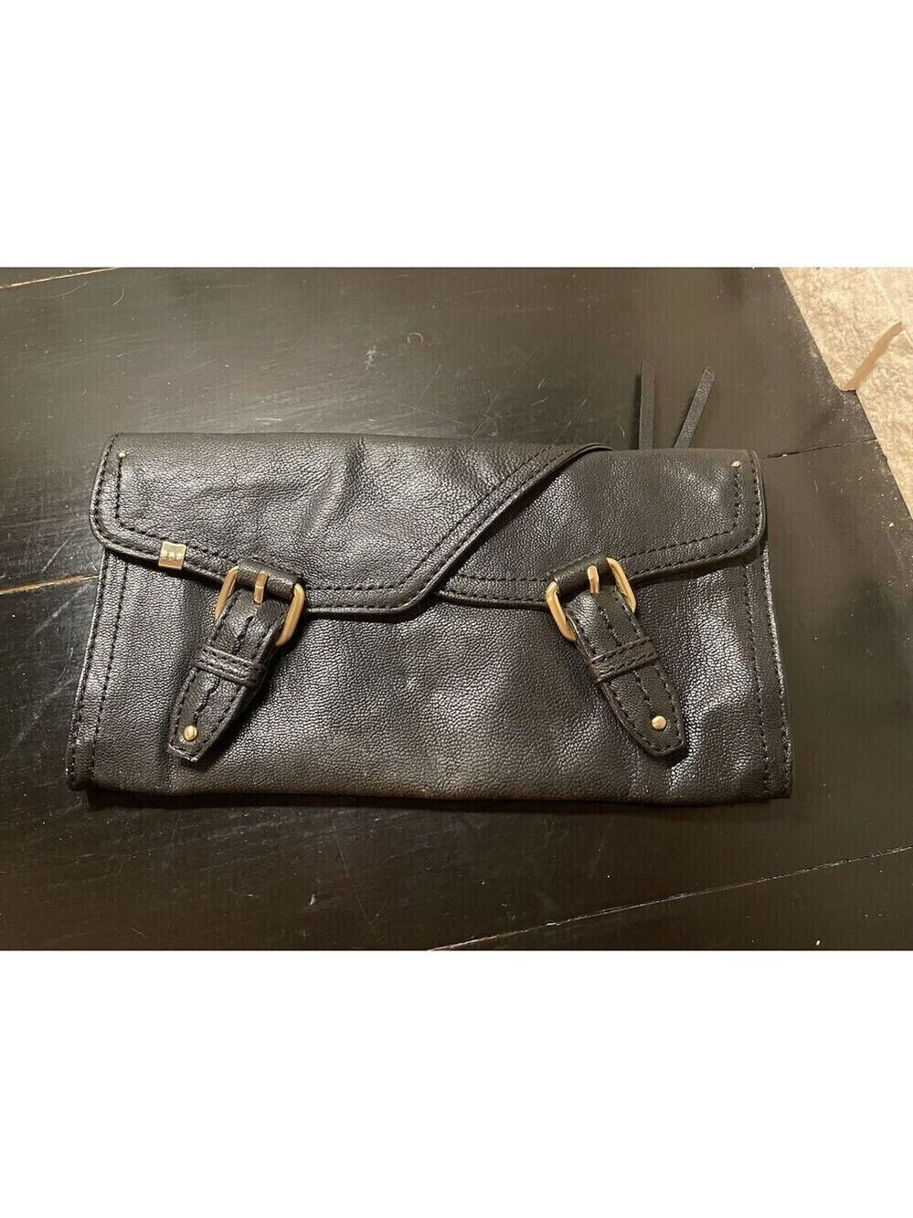Schuler & Sons Philadelphia Black Leather Clutch Bag Buckles Anthropology